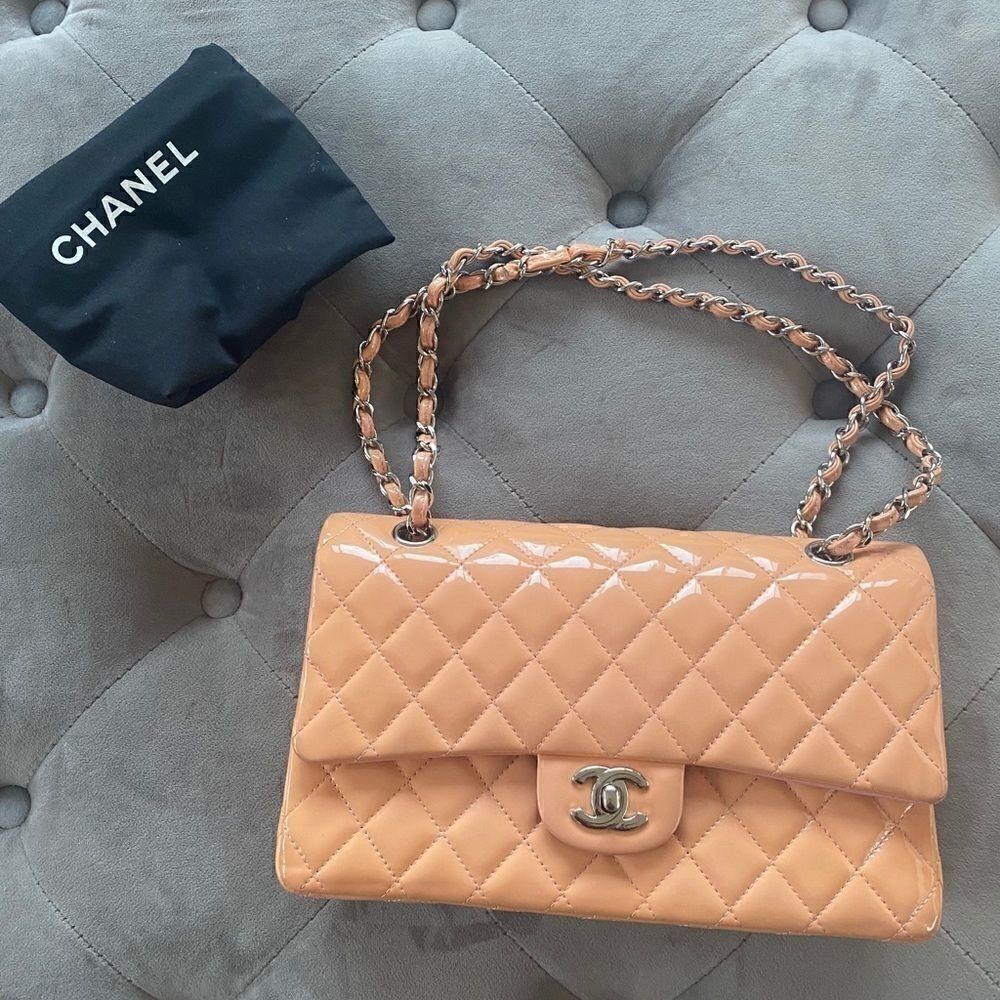CHANEL Classic Medium Double Flap Bag peach patent